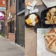 Taco Bell Cantina Storefront on left; aerial view of Taco Bell meal on right